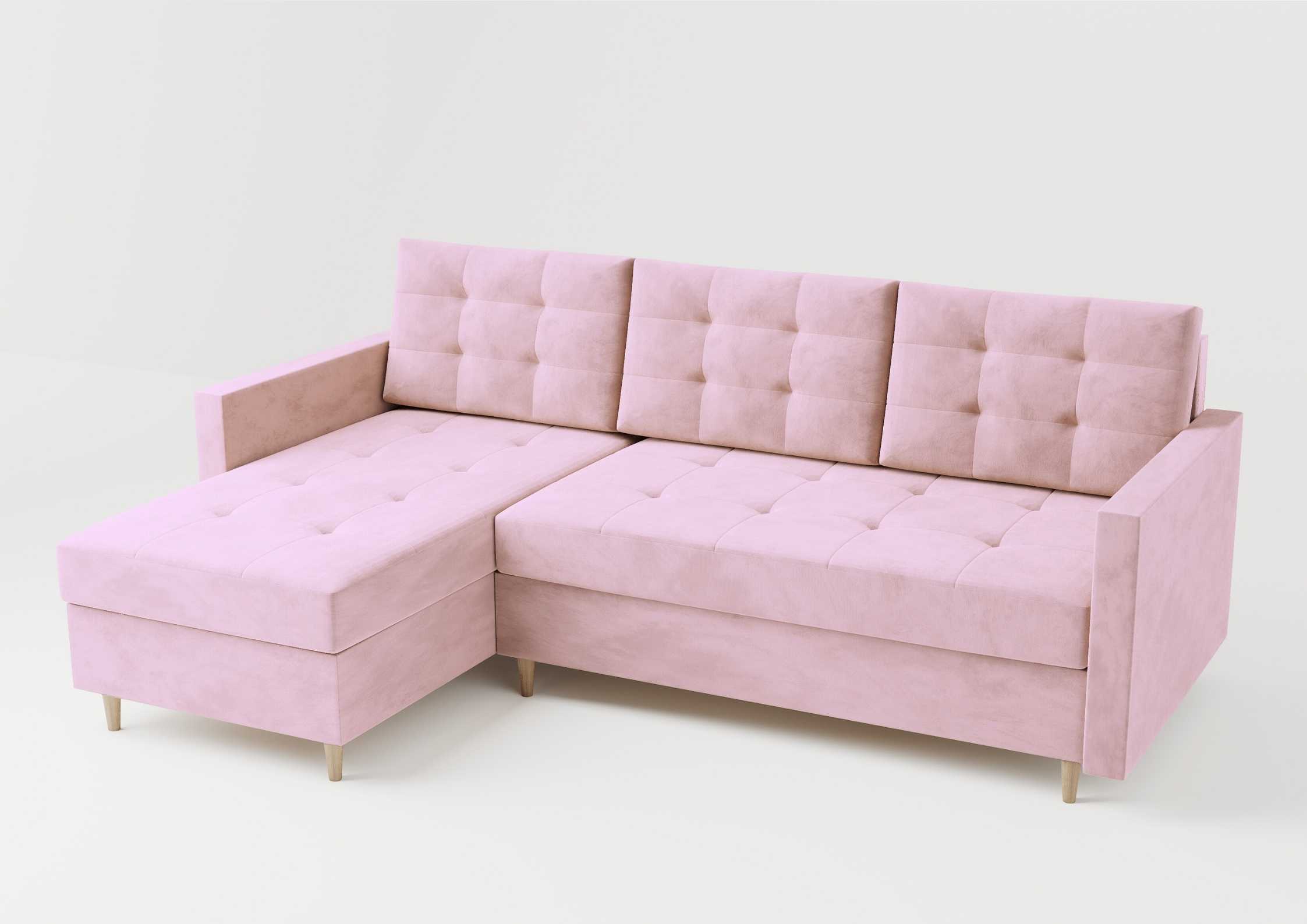 Skandynawski narożnik na drewnianych nogach rozkładany. Pikowana rogówka w kolorze różowym